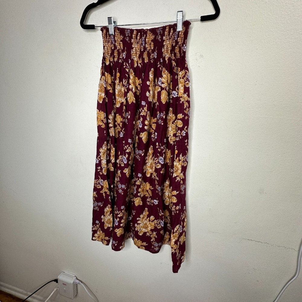 Natural Life Meadow Maroon Gold Tan Floral Smocked Waist Midi Skirt XS / S - Picture 8 of 13